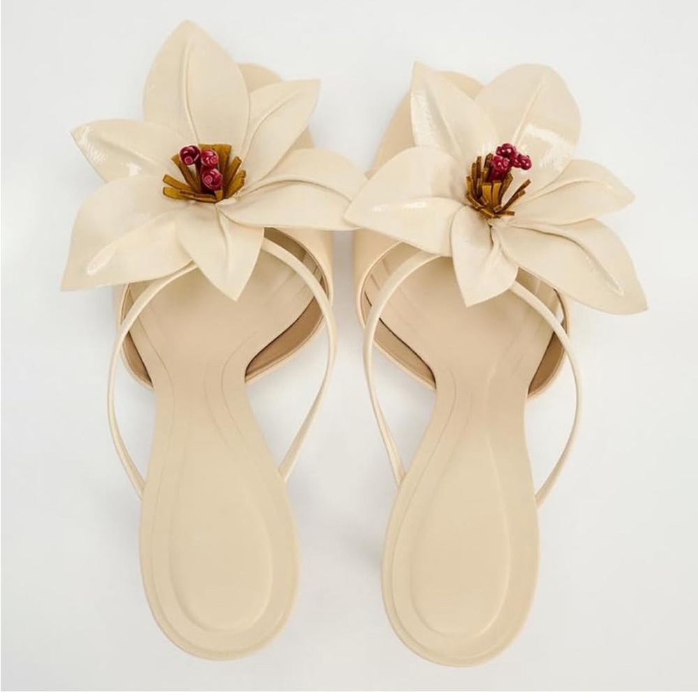 Zara Women's Floral Mules Heels Open Pointed Toe Stilettos. Size 9 - Picture 3 of 7